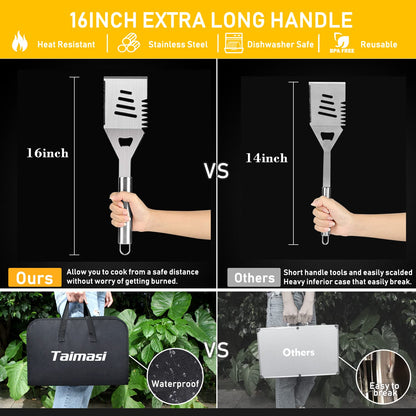 34Pcs Grill Accessories Grilling Gifts for Men, 16 Inches Heavy Duty BBQ Accessories, Stainless Steel BBQ Tools with Thermometer, Grill Mats for Backyard, BBQ Set for Men Women