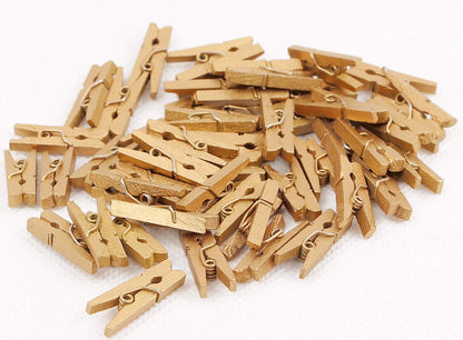 DurReus Small Wooden Clips, Cute 1.5 Inch Clothespin Photo Paper DIY Craft Holder with Jute Twine, Gold Pack of 50
