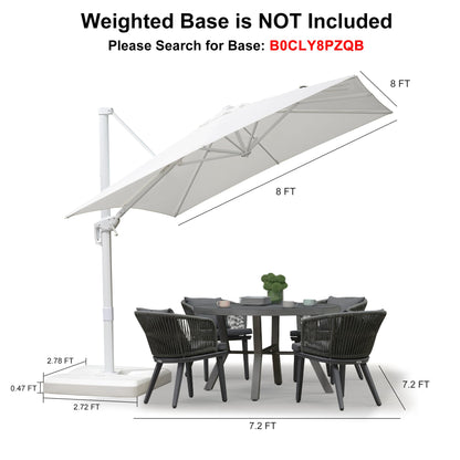 PURPLE LEAF 8 FT White Cantilever Patio Umbrella Aluminum Square Outdoor Offset Umbrella Hanging Windproof with 360° Rotation for Garden Deck Pool, White