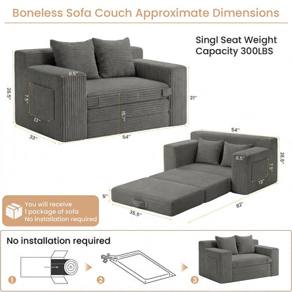 feliz home Boneless Loveseat Sofa Bed, Tri-Folding Convertible Futon Sleeper with Handle & Side Pockets, 54'' Boneless Couch with Hook and Loop No Assembly for Small Space,Living Room & Bedroom