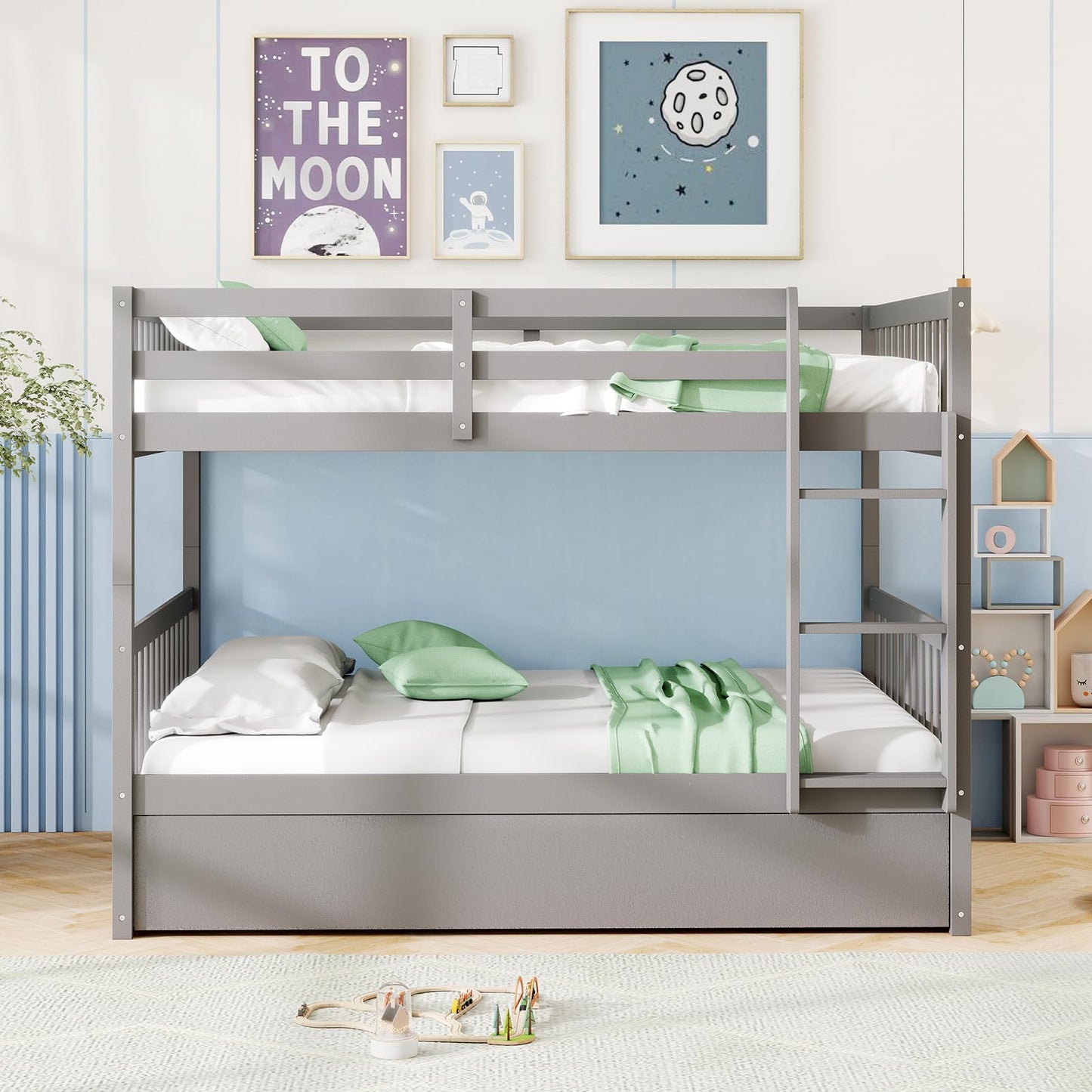 Giantex Full Over Full Bunk Bed with Trundle, Solid Wood Trundle Bed Frame w/Guardrails and Ladder, Convertible to 2 Beds, Full Size Bunk Beds for Adults Kids Teens, No Box Spring Needed, Grey