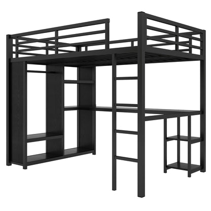 Bellemave Full Size Loft Bed with Desk, Wardrobe, Metal Full Loft Bed Frame for Adults, Kids, Teens, Black