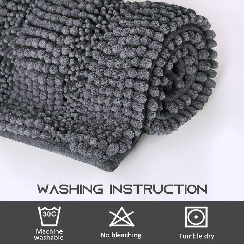 NICETOWN Grey Bathroom Rug, Extra Thick Indoor Outdoor Durable Doormat for Front Door, Anti-Slip Soft Plush Chenille Shaggy Bath Living Room Bedroom Mat, Water Absorbent Floor Carpet (1 PC, 47 x 17)