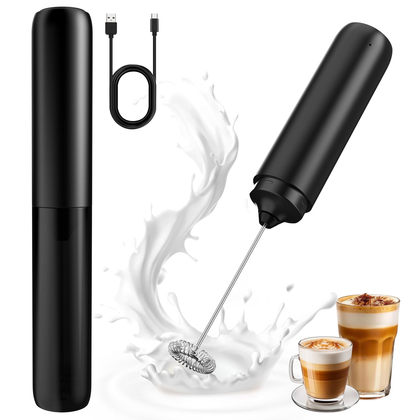 Rechargeable Milk Frother, Handheld Coffee Frother Wand Drink Mixer with Cover, Electric Whisk Coffee Mixer for Matcha Lattes Cappuccino Hot Chocolate