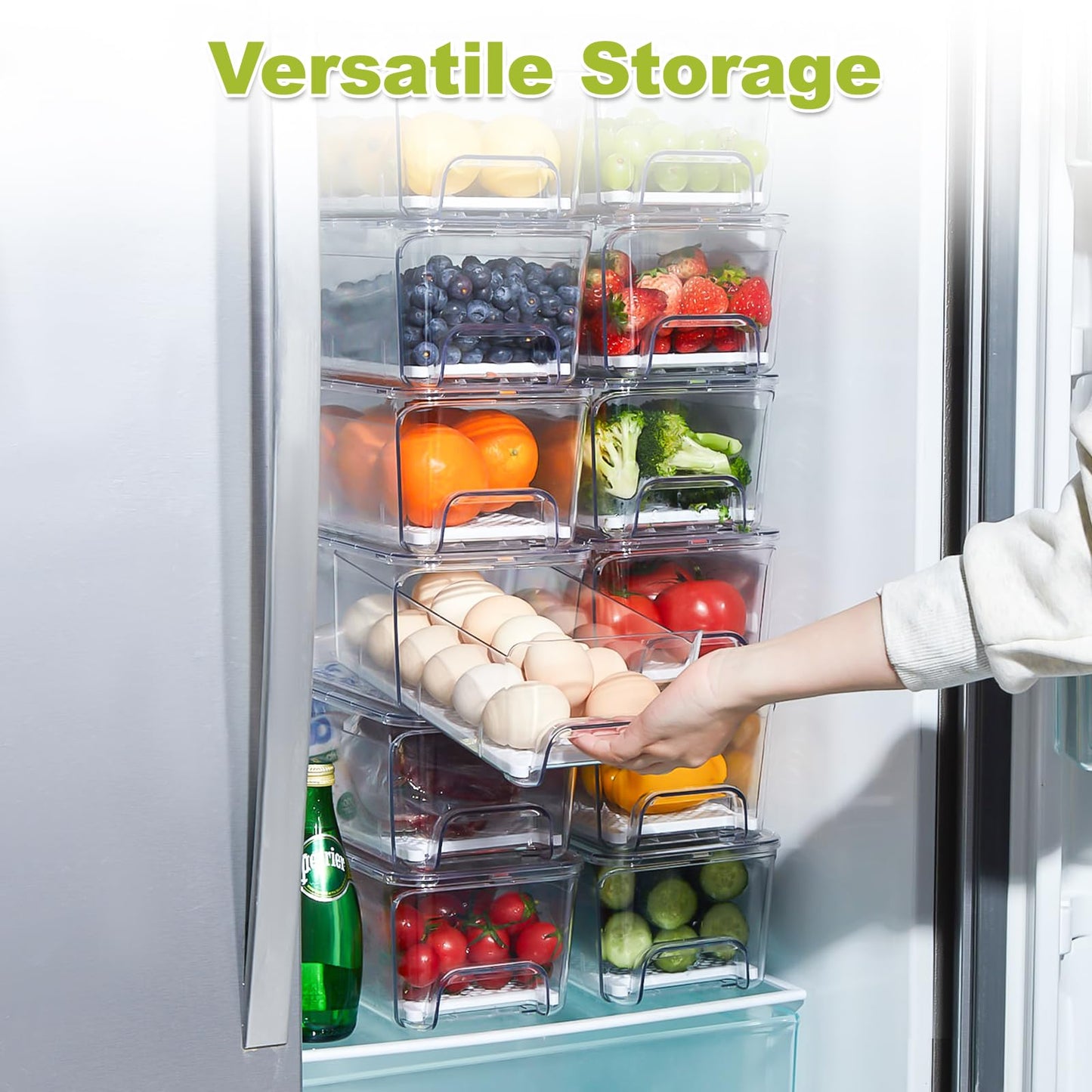Brippo 4-Pack Refrigerator Drawer Organizer Bins, Clear Stackable Pull Out Fridge Organizers and Storage Container, with Strainer Layer for Fruits, Vegetables, Drinks, Snack and Food