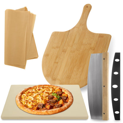 FVIEXE 4 PCS Oven Pizza Stone Set, 15 x 12 Inch Large Rectangle Pizza Stone with Wooden Pizza Peel, Pizza Cutter & 10PCS Cooking Paper for Oven & Outdoor Grill, Baking Stone Pan for Pizza, Bread