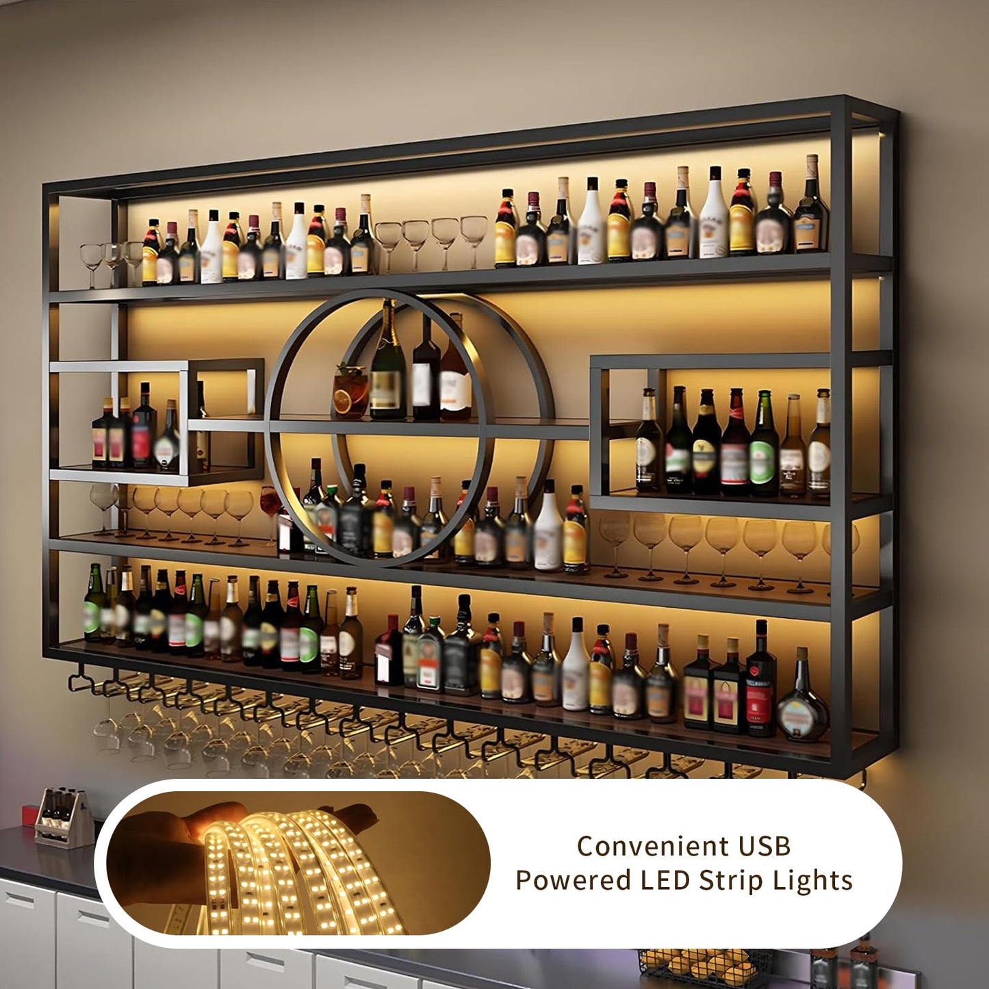 GKBRSU Modern Wall Mounted Wine Rack with LED Light, Large Industrial Metal Wine Bottle Holder with Glass Hanger, Floating Bar Shelves for Home Bar Decor, Black 63x8x51in (Black, 63 in)