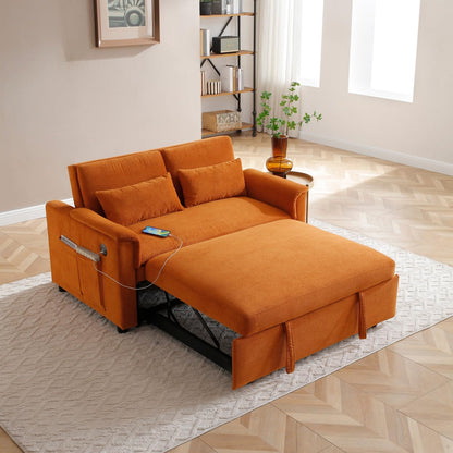 55" Convertible Futon Sofa Bed, Velvet 3 in 1 Sleeper Sofa, Pull Out Couch with USB Ports & 2 Waist Pillows, Adjustable Backrest Loveseat Sofa, Couches for Living Room, Apartment, Bedroom, Tangerine