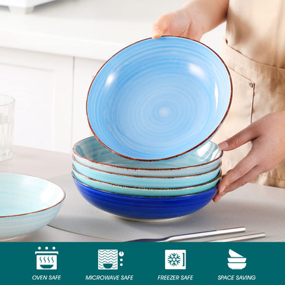 vancasso Bonita 38 oz Ceramic Pasta Bowls Set of 6, Microwave & Dishwasher Safe, 8.5 Inch Elegant Shallow Bowls Set for Pasta, Salad, & Soup – Large Capacity Pasta Plates Sets, Blue