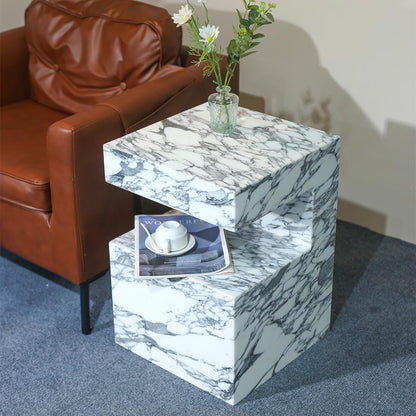 Natural Marble C-Shaped End Table, Luxurious Handmade Coffee Table Suitable for for Living Room Bedroom Bathroom Small Spaces, No Installation Marble Sofa Table for Modern Home Decor