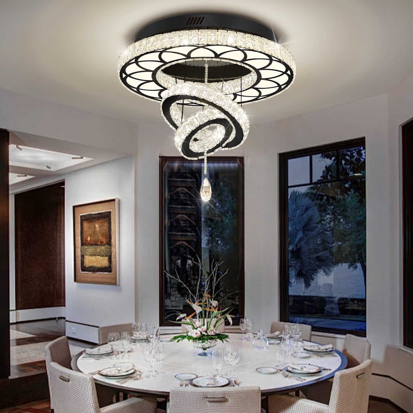 Flashing God Dia 24" Modern Crystal Chandelier for Dining Room Black Ceiling Chandelier Flush Mount Ceiling Light for Living Room Bedroom Hallway