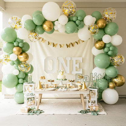 Green Balloon Garland Kit with 112pcs Sage and Olive Balloons, Gold Butterfly for Weddings and Birthdays