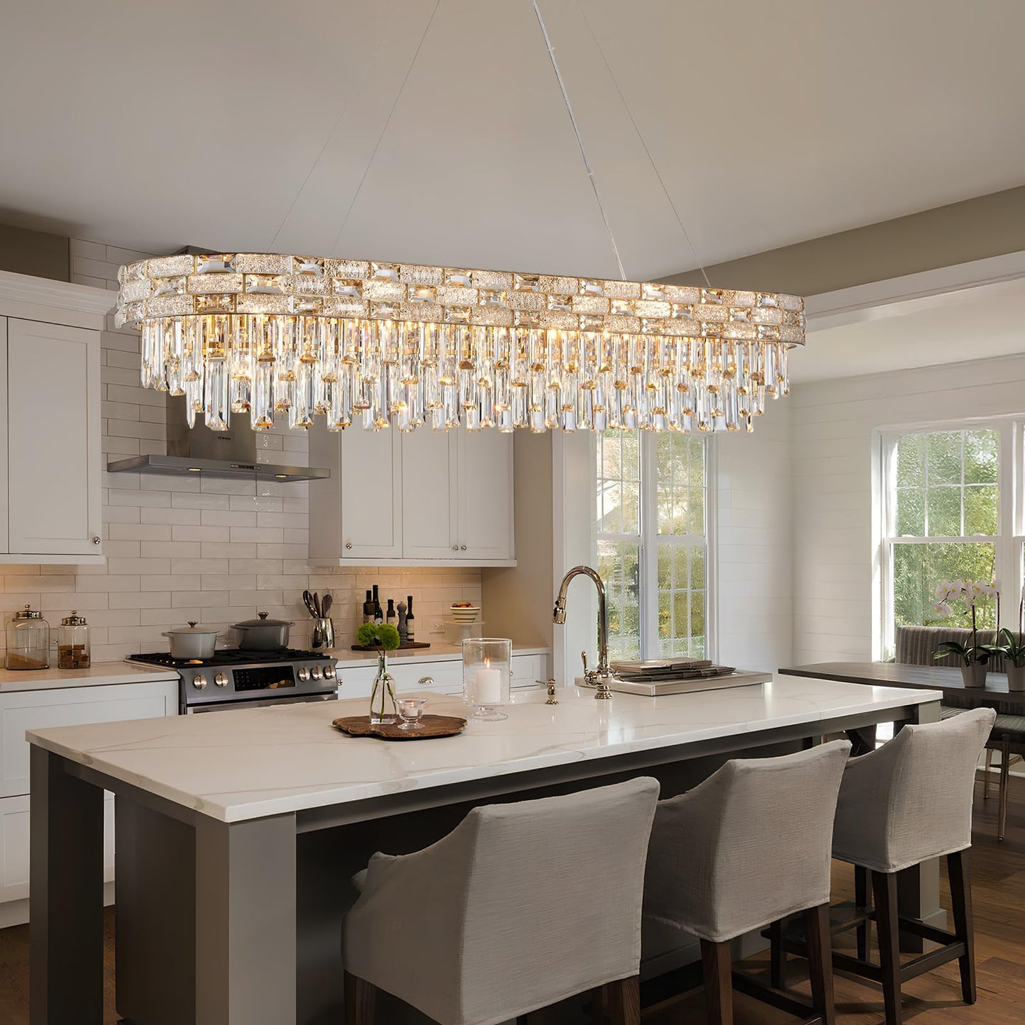 SHAOCHIAO 50" Gold Modern Crystal Chandelier, 18-Light Gold Chandelier Light Fixture Luxury Rectangular Large Pendant Ceiling Light Fixture for Dining Living Room Kitchen Island Bar