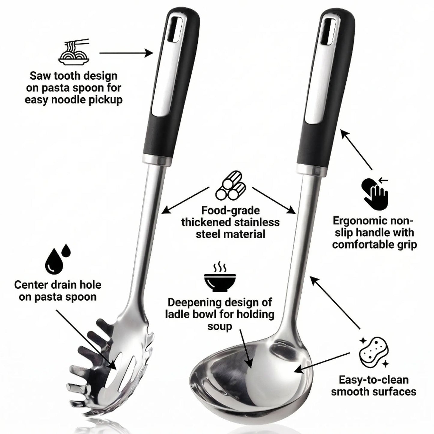 Stainless Steel Ladle and Pasta Server Set, Food-Grade Thickened Metal Soup Ladle & Spaghetti Spoon with Non-Slip Handles, Durable Cooking Utensils for Pasta, Soup & Everyday Kitchen Use