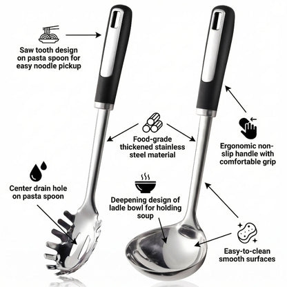 Stainless Steel Ladle and Pasta Server Set, Food-Grade Thickened Metal Soup Ladle & Spaghetti Spoon with Non-Slip Handles, Durable Cooking Utensils for Pasta, Soup & Everyday Kitchen Use