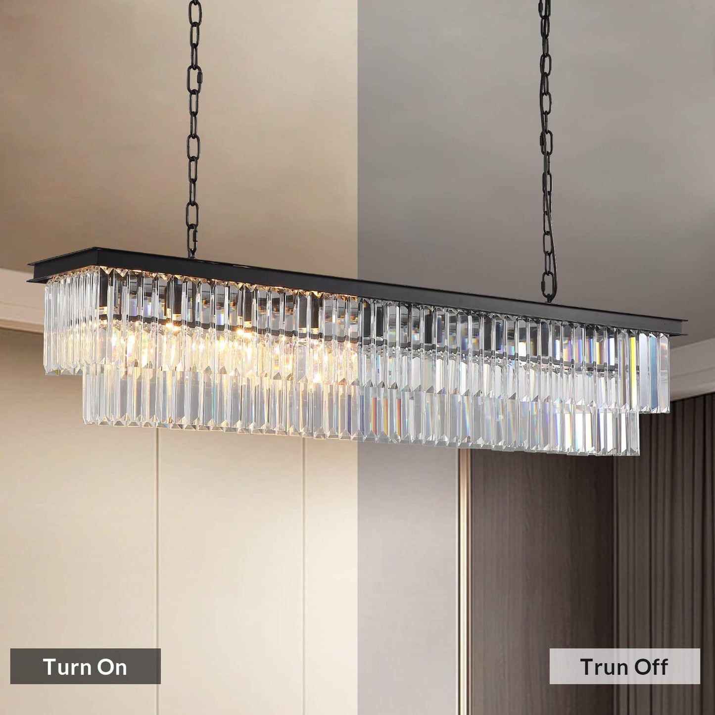 NOXARTE Rectangle Chandeliers for Dining Room, Modern Rectangular Crystal Chandelier Black 8 Lights Pendant Fixture for Kitchen Island Bar Living Room L47 Inch