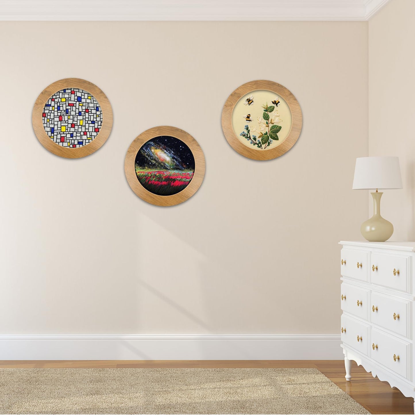3 Sets Embroidery Display Frame with Bamboo Hoops, 8 Inch Round Wall Mounted Embroidery Hoop Frame for Finished Cross Stitch, Needlework, DIY Art Craft Sewing Decoration