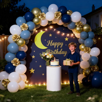 12inch Retro Navy Blue Gold and White Balloons, Pastel Dark Light Blue White Latex Balloons with Metallic Chrome Gold