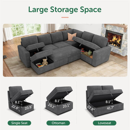 HONBAY Modular Sectional Couch with Pull Out Bed, Corduroy Sleeper Sofa with Storage Ottoman, U Shaped Sectional Couches for Living Room, Dark Grey