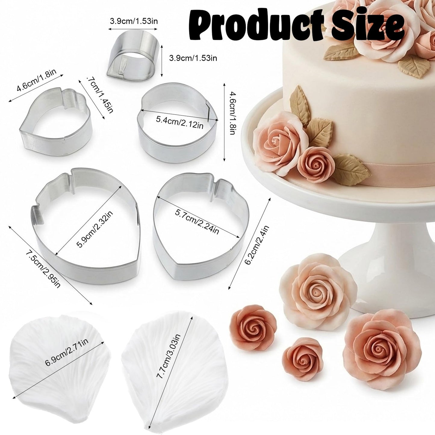 7PCS Flower Press Fondant Tools Set - Metal Cookie Cutters Variety Pack with Flower Silicone Mold for Gumpaste, Spring Cookie Cutter Shapes and Fondant for Cake Petal Making Tool