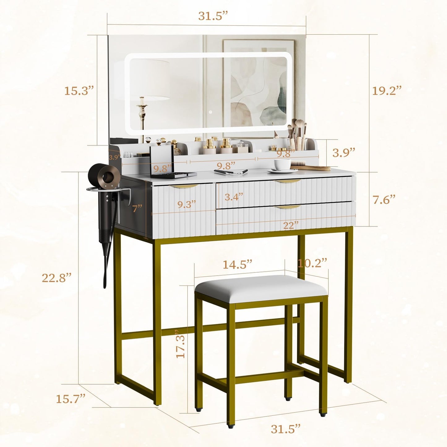 GAOMON 31.5" Glass Top Vanity Desk with LED Mirror – 3 Lighting Modes, Power Outlet, 3 Drawers, Hair Dryer Rack, Stool, Modern Makeup Table for Bedroom, White Board + Gold Metal Frame