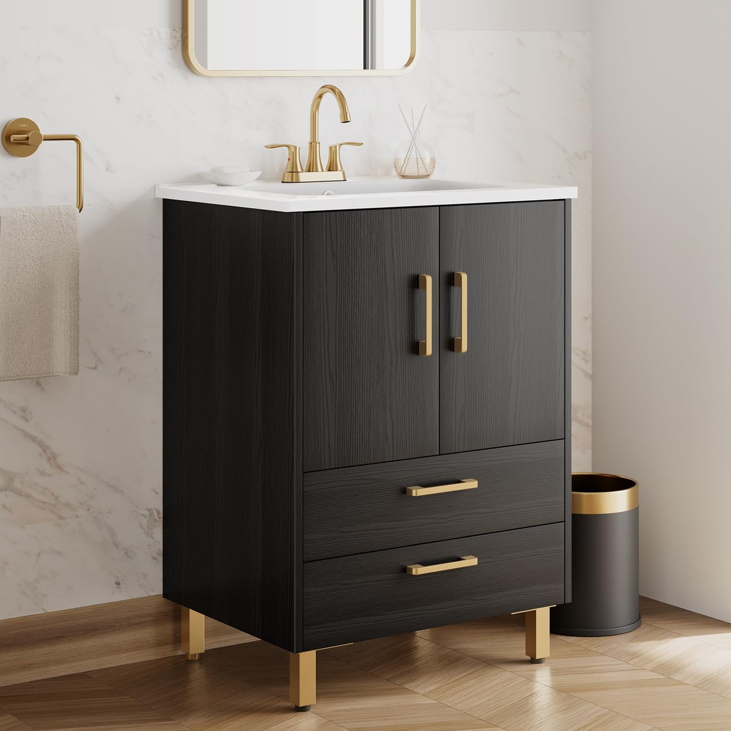 phiestina Fully Pre-Assembled Black 24 inch Bathroom Vanity with Sink, 2 Soft Close Doors and 2 Drawers Bathroom Storage Cabinet Set, with 3 Holes Single Ceramic Sink Combo, Faucet Not Included