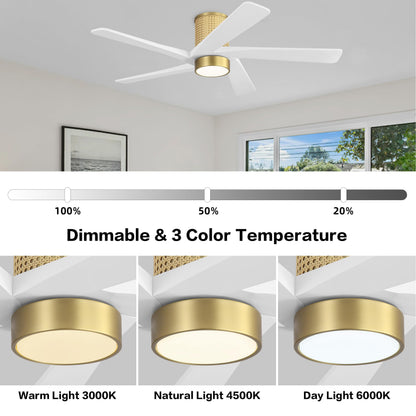 WINGBO 54 Inch Flush Mount Rattan Ceiling Fan, 3CCT Dimmable Light, 5 Carved Wood Blades, 6-Speed Reversible DC Motor, Modern Ceiling Fans for Indoor, Aged Brass Finish and White Blades