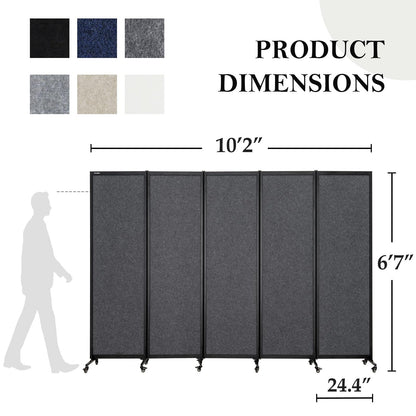 Upgrade Version Room Partition and Divider, Freestanding Rolling Dividers with Wheels,Office Privacy Screen Divider Wall,Classroom Felt Dividers,10'6"L* 6'7"H,5 Panel，Dark Grey