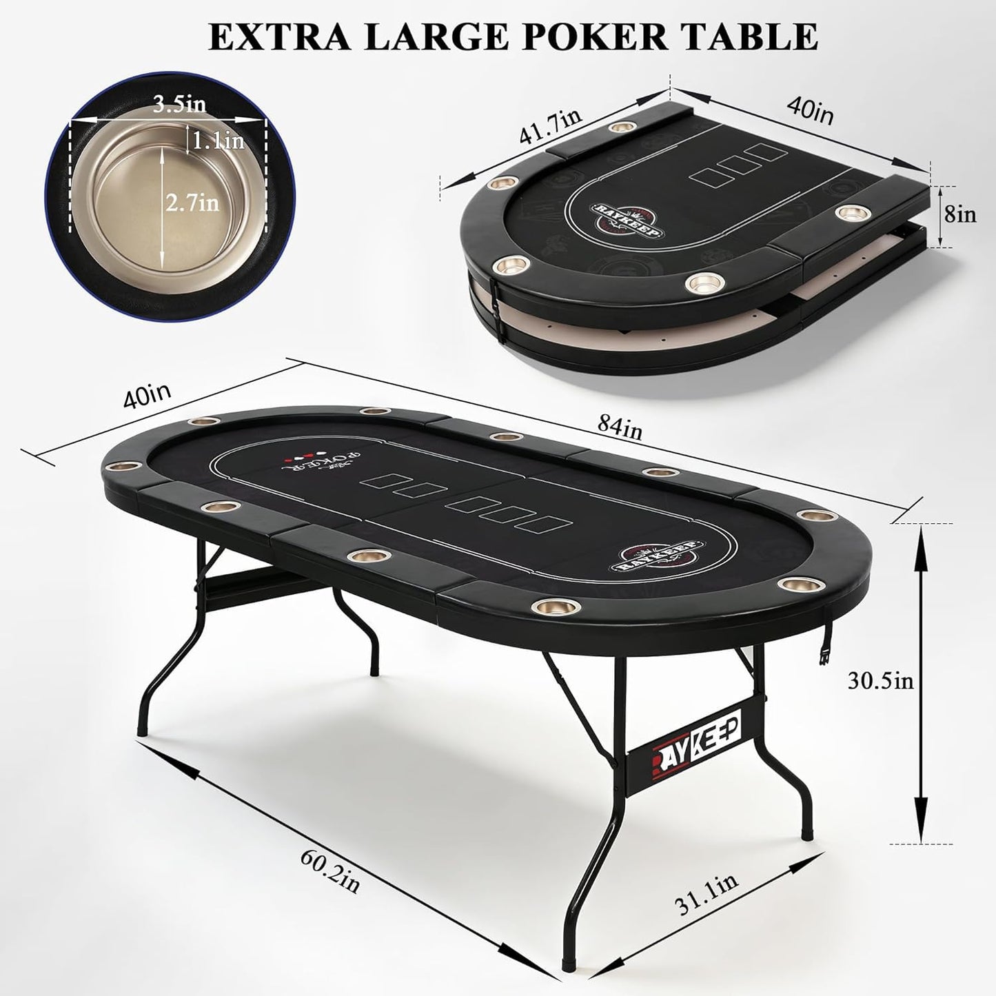 RAYKEEP 10 Player Poker Table Foldable, 84" Folding Blackjack Texas Holdem Table, Portable Casino Leisure Card Board Game Table with Cup Holders and Padded Rails for Game Room (Black)