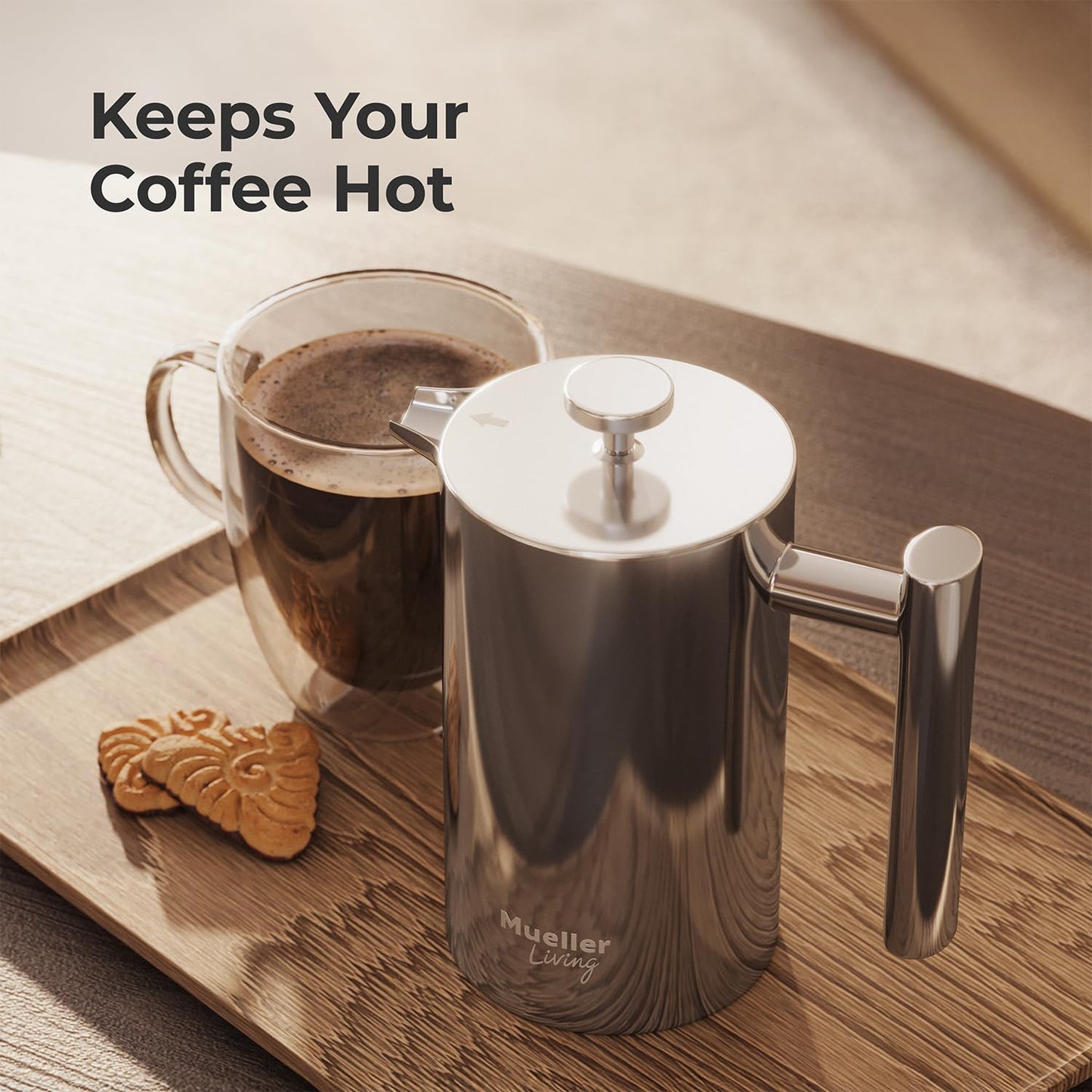 MuellerLiving French Press Coffee Maker 20oz, Stainless Steel French Press Coffee, 4 Filter Heat Resistant Double Insulated, Rust-Free, Food Grade, Dishwasher Safe Coffee Pot