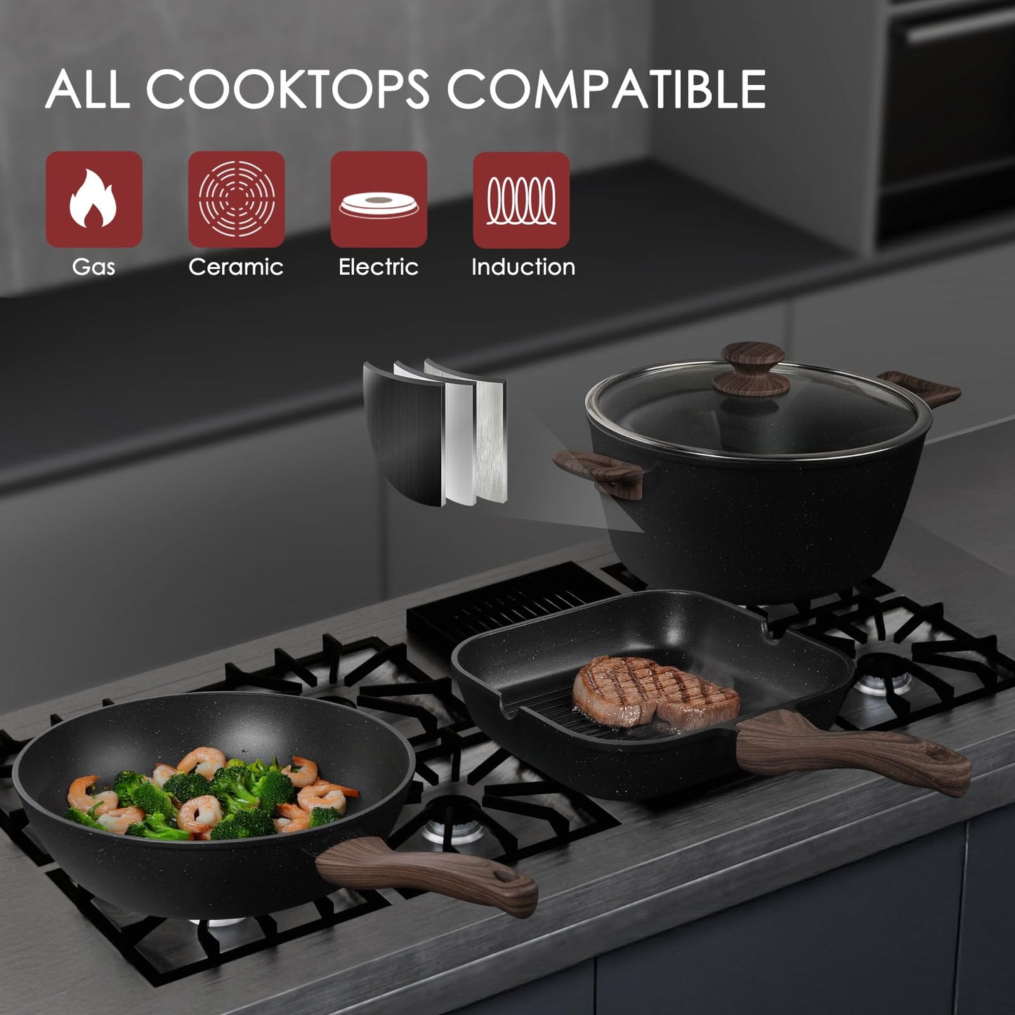 Kikcoin Pots and Pans Set Non Stick 31 Piece Kitchen Nonstick Cooking Cookware Sets with Grill Pan Saucepan Baking Sheet Utensil, Black