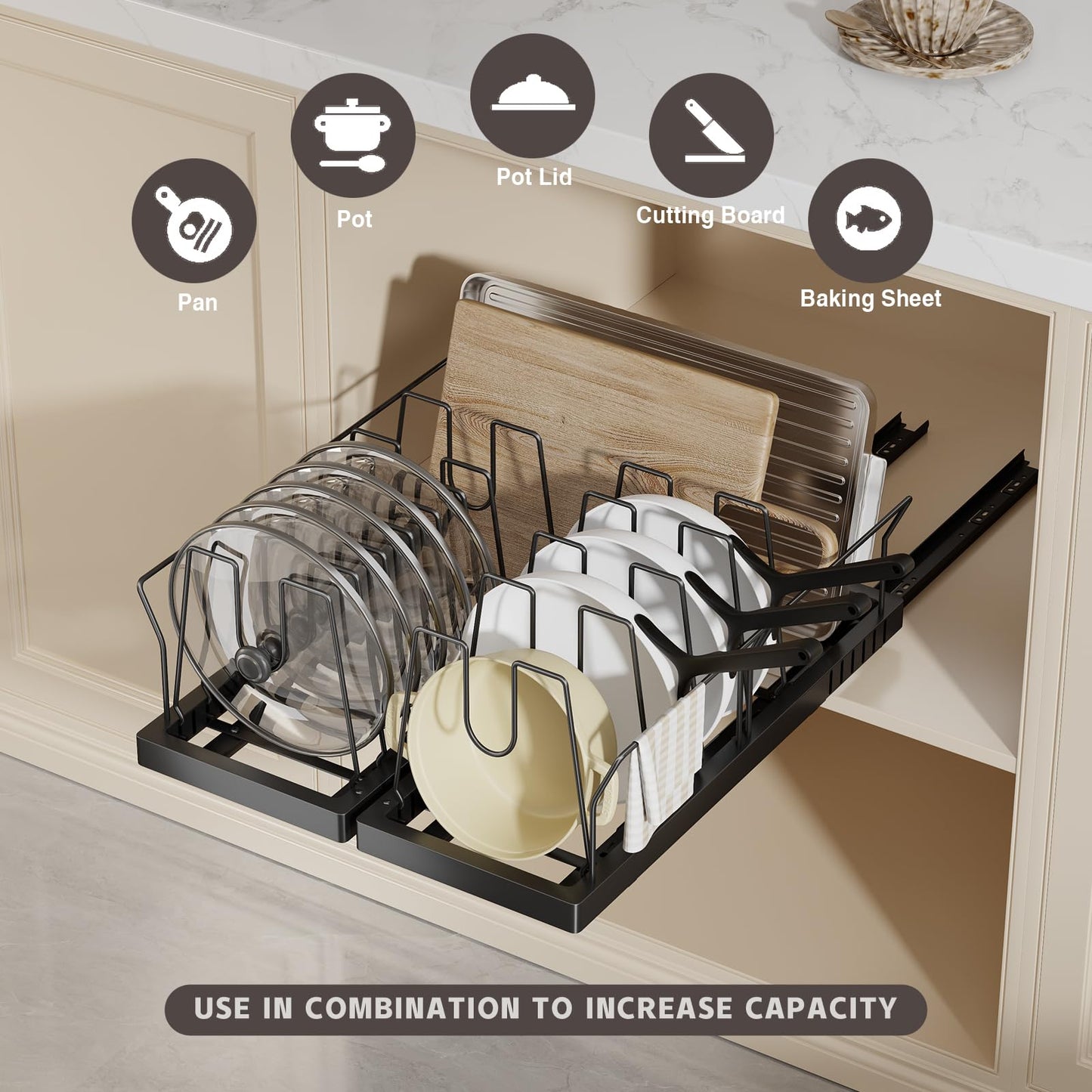 Magheo Pots and Pans Organizer Under Cabinet, 22" Deep Expandable Pull Out Pot Lid Organizer and Storage with 10 Adjustable Dividers No Drill Pot and Pan Holder Rack with Handle Bracket(1 Pack,Black)
