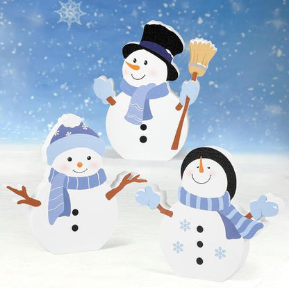 COCHIE Snowman Christmas Decorations - Cute Winter Tiered Tray Decor Set of 3 | Wooden Xmas Table Blocks