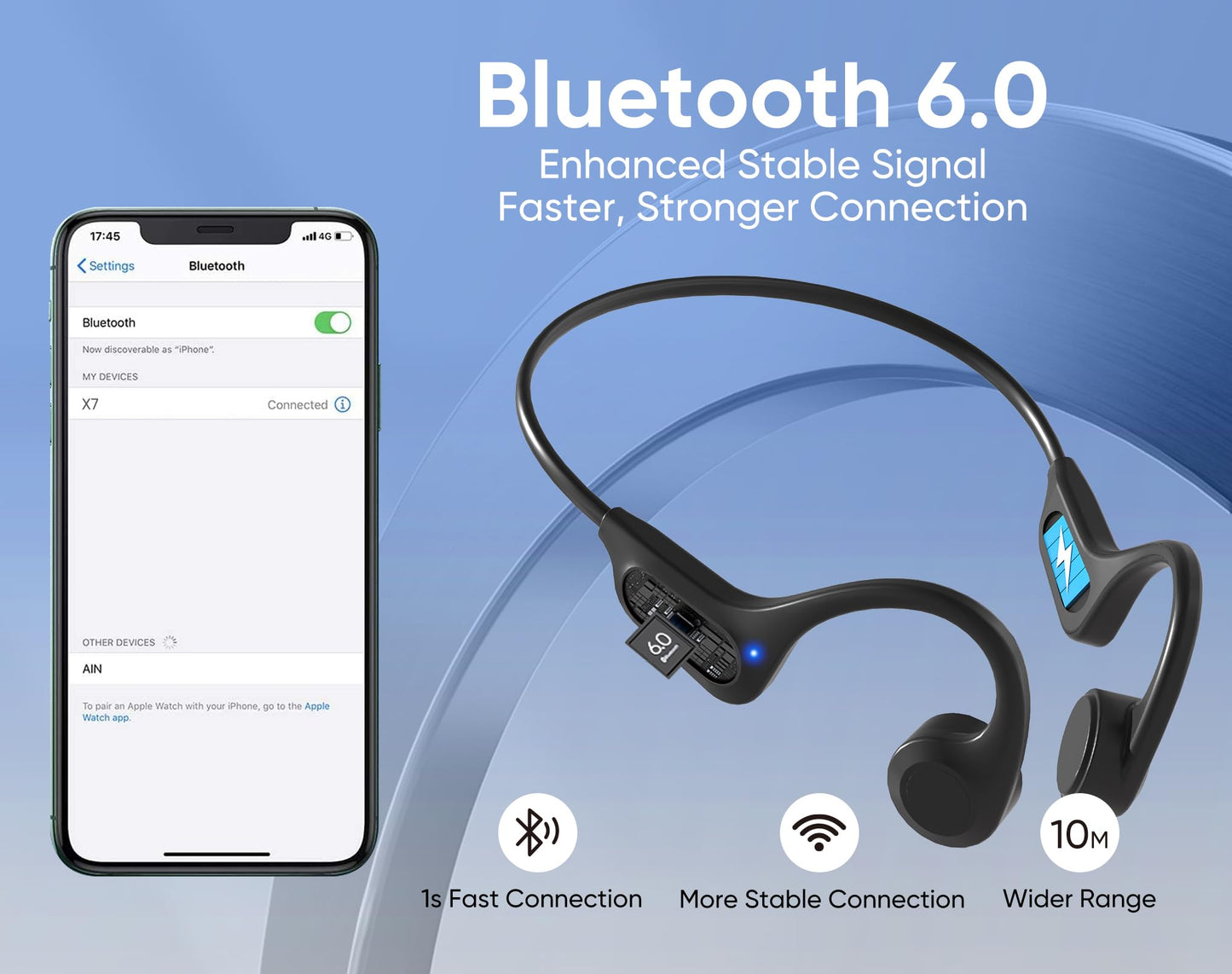 Bone Conduction Headphones, Open Ear, Bluetooth 6.0, IPX6 Sweatproof, Lightweight Comfortable Stable Fit Sports Wireless Earphones for Safe Running, Cycling, Gym Workouts, Hiking, 8H Playtime