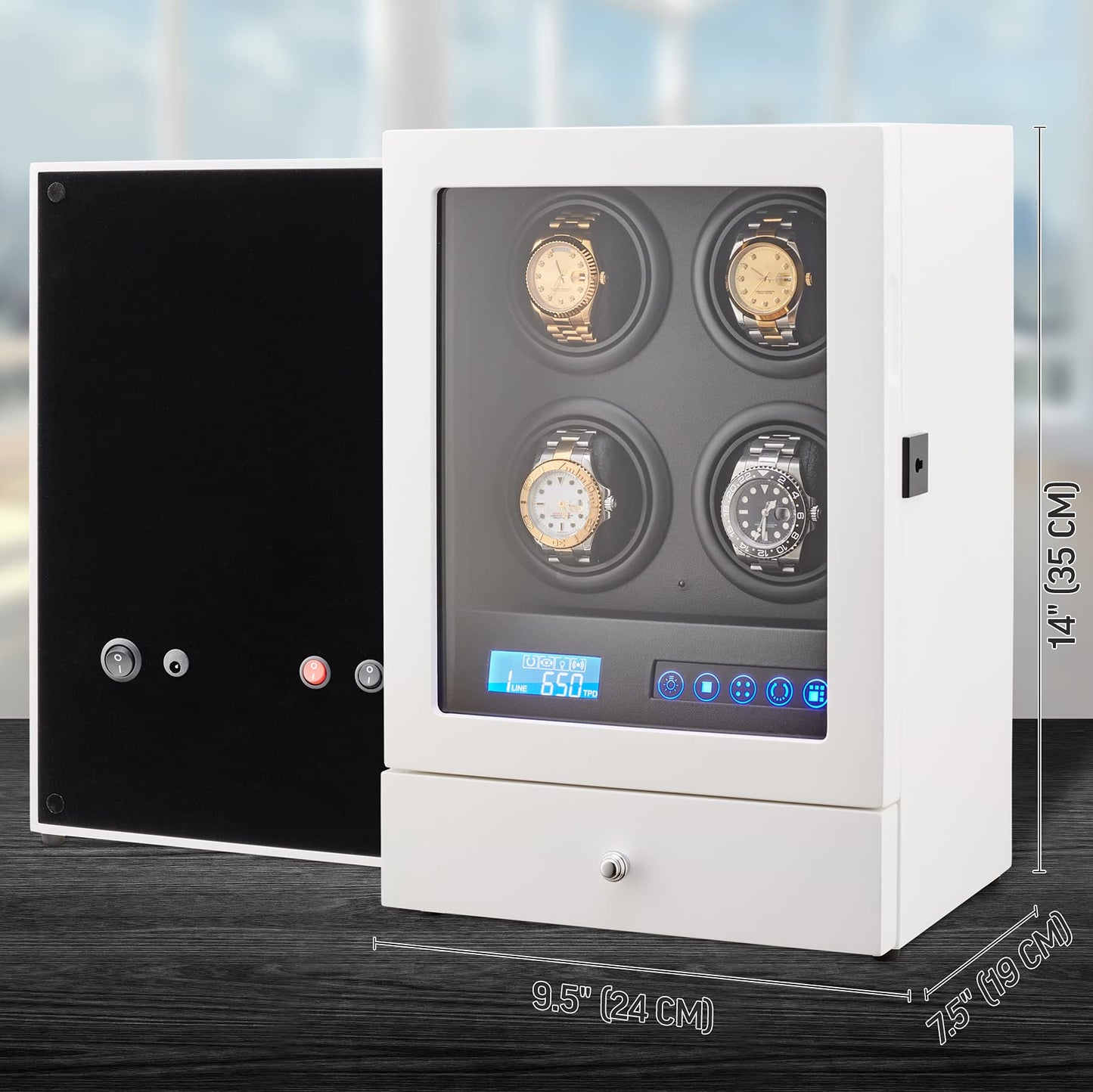Automatic Watch Winder with LED Light, Storage Drawer and LCD Touchscreen Control (White)