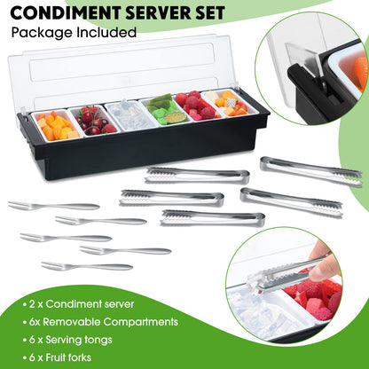 Gandeer 2 Ice Cooled Garnish Tray Deck Bar Garnish Caddy Condiment Containers with Lids and Removable Chilled Condiment Server with 6 Tongs and 6 Fruit Forks (6 Compartments)