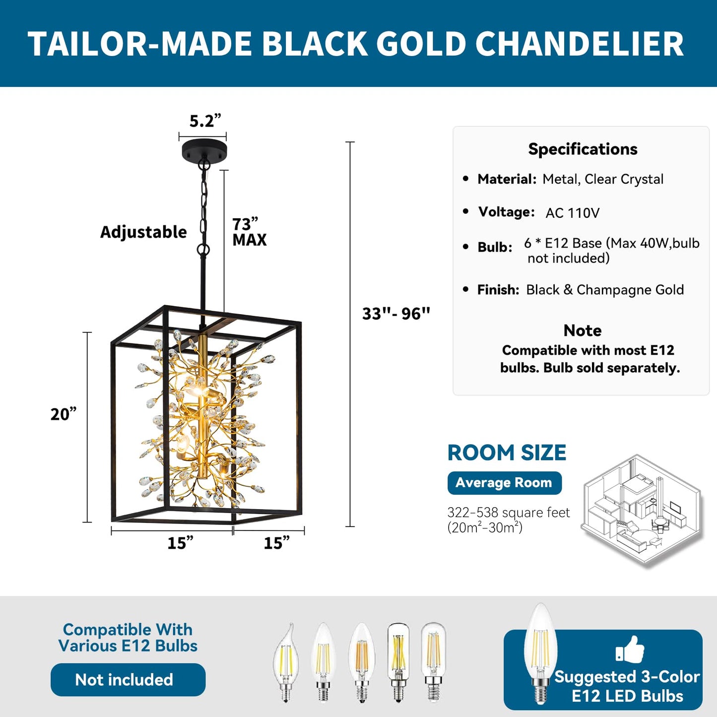 Vezzio Black and Gold Crystal Chandelier, 4-Light Modern Farmhouse Foyer Pendant Light for Entryway, Dining Room, Kitchen Island, Staircase, Hallway, H21 Inch