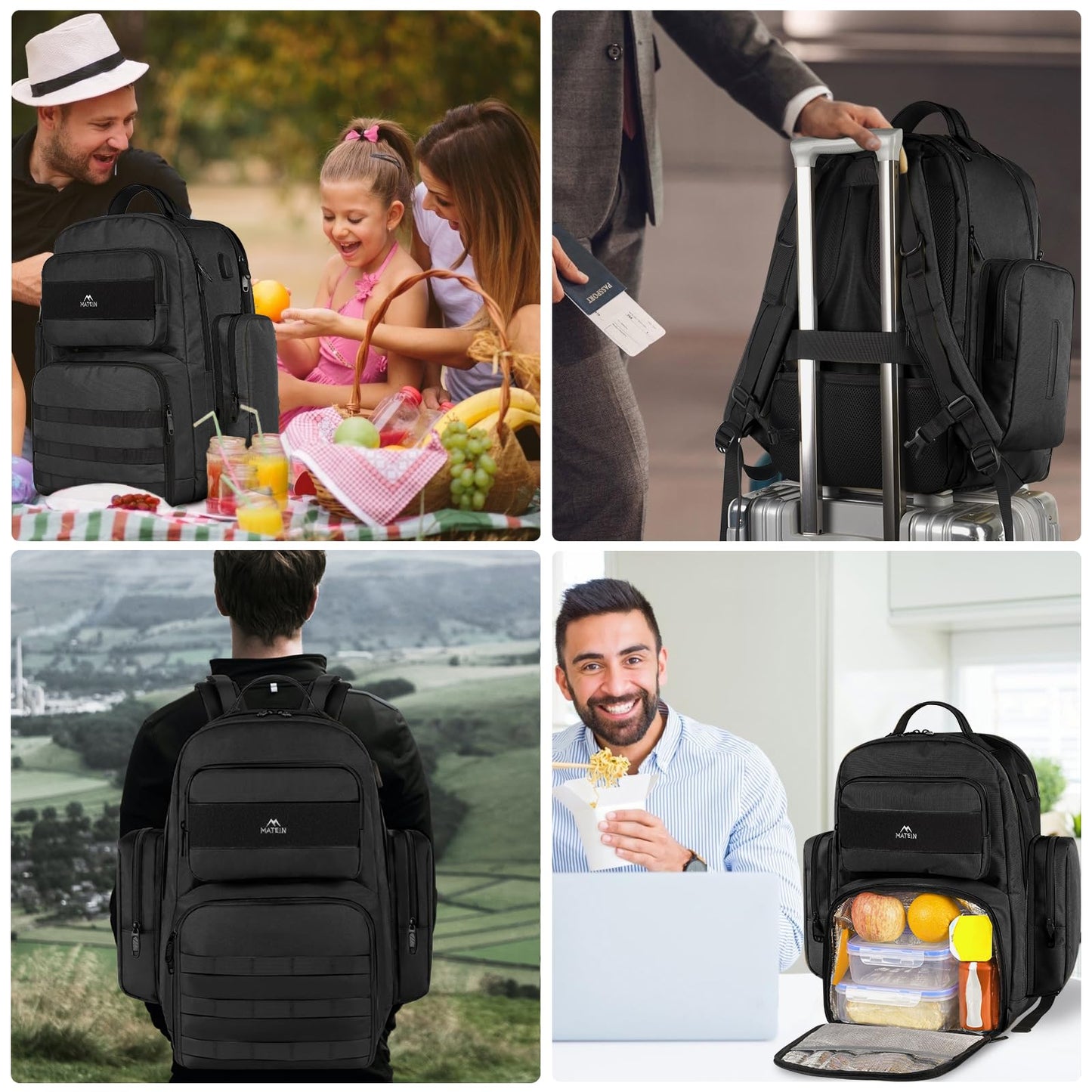 MATEIN Lunch Backpack for Men Work, 15.6 Inch Tactical Backpack with Lunch Compartment, Large Laptop Backpacks with Insulated Cooler Bag for Travel Beach Camping Picnic Hiking, Black
