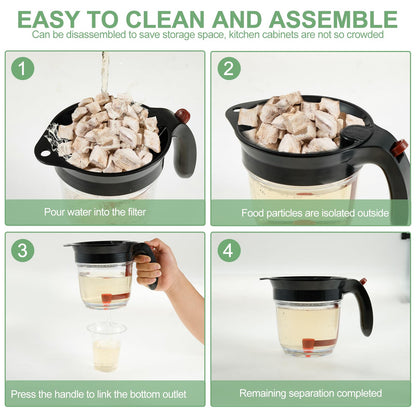 Fat Separator with Bottom Release and Oil Strainer Gravy Separator 4 Cups or 1000ml Fat Strainer Measuring Cup Plastic Soup Oil Separator Fat Skimmer for Gravy Sauces and Other Liquids Black