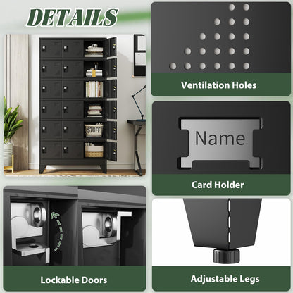 Lusiwry Metal Lockers for Employees-18 Doors Storage Locker with Shelves and Lockable Steel Cabinet for School,Gym,Office,Staff,Assembly Required,Black