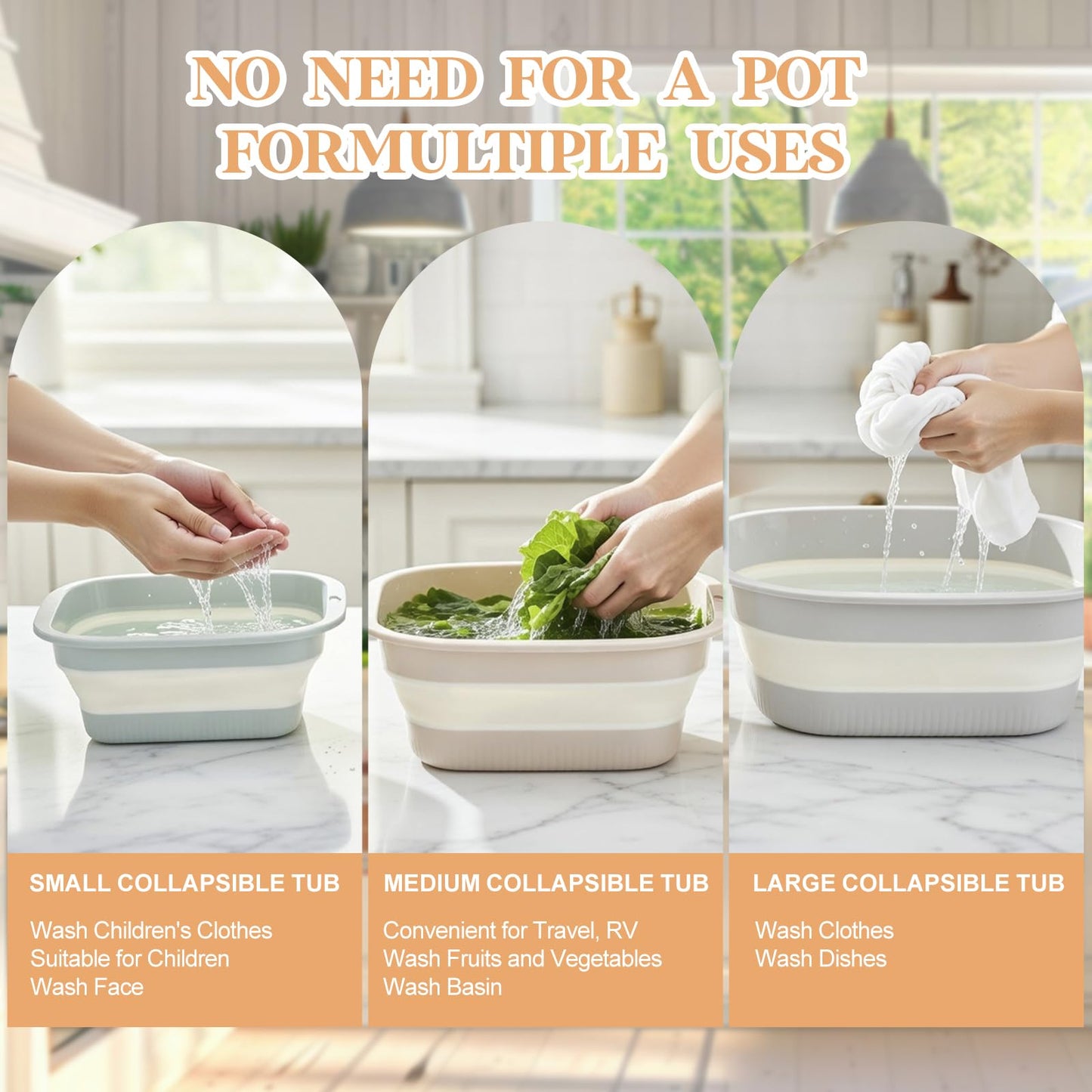 Singhoow 3 Set Collapsible Colander and Sink Basin 2-4-8 Qt Dish Pan and Strainer Set with Drain Holes 2-in-1 Foldable Fruit Vegetable Washing Basket for Kitchen Camping Travel (Green, Pink, Gray)