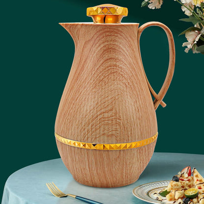 Insulated Thermal Coffee Carafe, 33 oz, Arabic-Style Thermos Flask, Coffee Tea Pot for Hot Cold Water, Wood Color