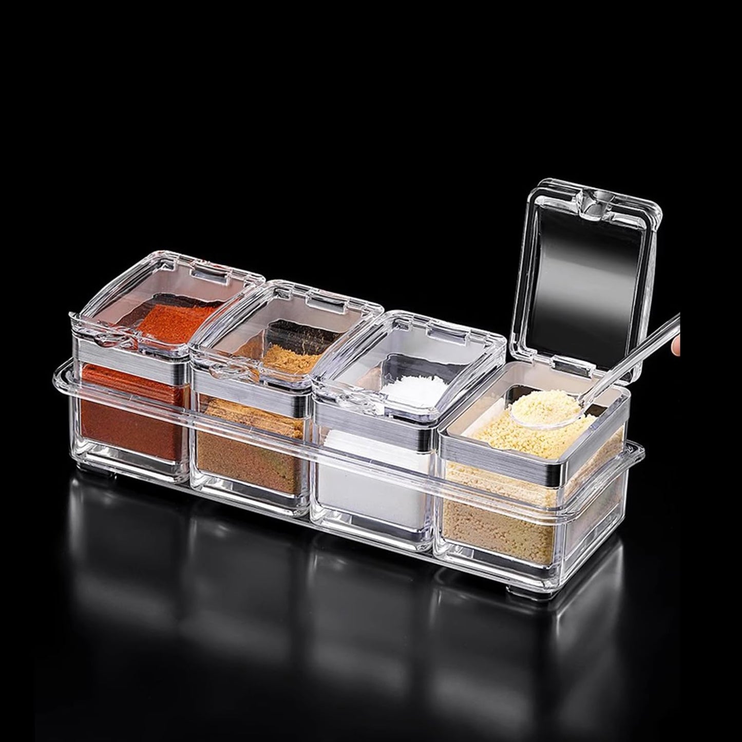 TENTA KITCHEN Gourmet Acrylic Seasoning Box - Premium Quality Pure Acrylic Container and Case- 18/8 Stainless Steel Ring - 4 Serving Spoons -Luxurious Condiment Cruet Bottle, Spice Jar Set