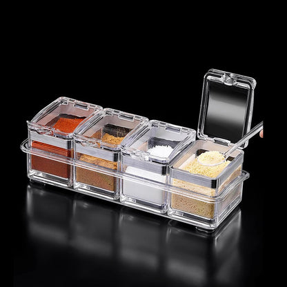 TENTA KITCHEN Gourmet Acrylic Seasoning Box - Premium Quality Pure Acrylic Container and Case- 18/8 Stainless Steel Ring - 4 Serving Spoons -Luxurious Condiment Cruet Bottle, Spice Jar Set