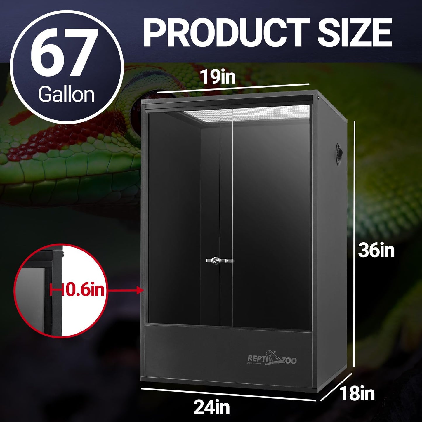 REPTI ZOO 67 Gallon PVC Tall Reptile Tank, 24 x18x36 inch Large Reptile Terrarium for Gecko Lizard Chameleon Frog Snake, Enclosure Habitat with Sliding Door & Top Screen Ventilation