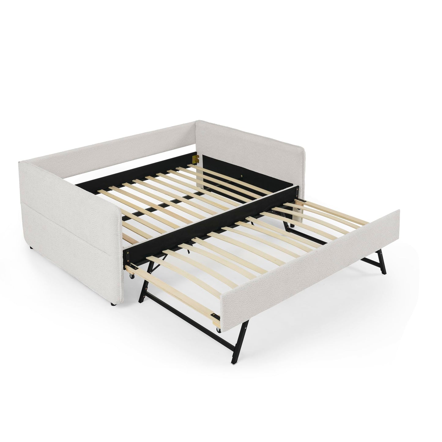 KEIKI Full Size Upholstery Tufted Daybed with Erectable Trundle, Full to King Design Modern Extendable Boucle Sofa Bed, Easy Assembly, No Box Spring Required, for Living Room and Bedroom, Beige