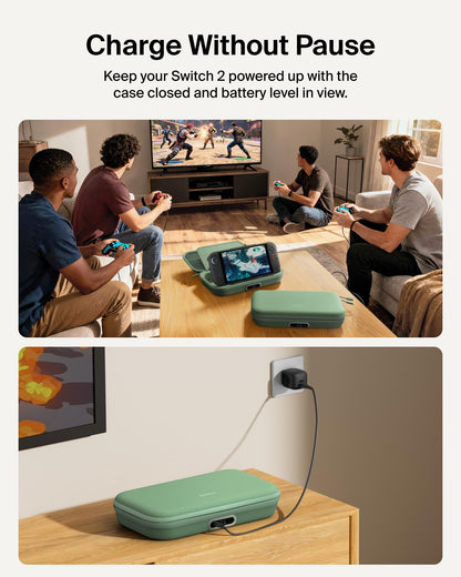 Belkin Nintendo Switch 2 Charging Case Pro, 10000mAh Power Bank, 30W Fast Charging w/Kick Stand - Custom Fit, Hard Shell Carrying Case, 12 Game Card Slots, AirTag Holder, Digital Display - Sage