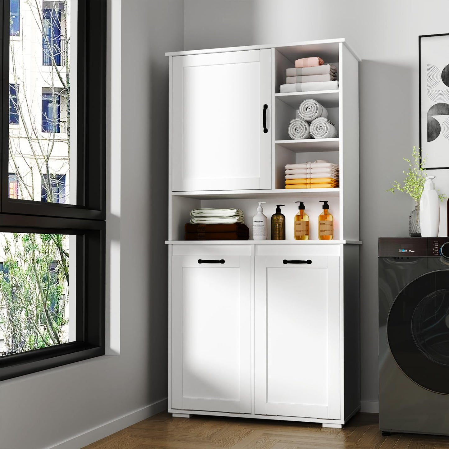 Tall Laundry Cabinet with Double Tilt Out Laundry Hamper, Freestanding Floor Bathroom Cabinet with 12 * 2 Gallon Laundry Storage Basket for Bathroom, Kitchen, White