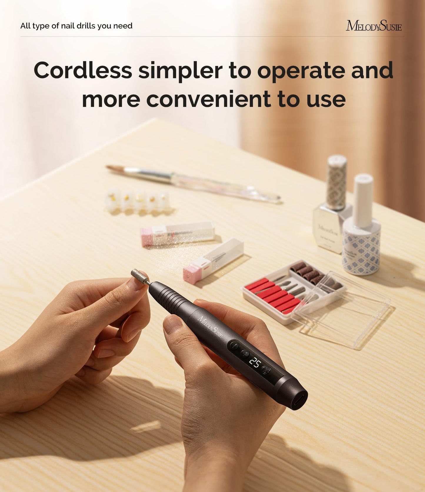 MelodySusie Cordless Nail Drill, PC180G 25,000RPM Rechargeable Electric Nail File with Nail Drill Bits,Sanding Bands