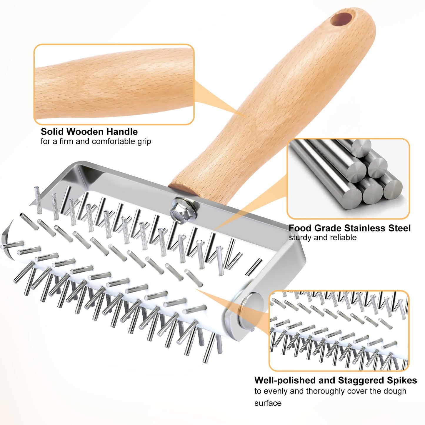 JuyVerq Pizza Dough Docker, Professional Dough Roller with Stainless Steel Spikes Wood Handle, Sturdy Pizza Docking Tool for Home & Commercial Kitchen, Time-Saver for Making Pizza Pie Pastry Bread